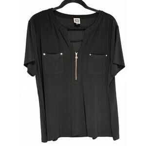 Anne Klein Black Short Sleeve Top with Front Zipper and Pockets